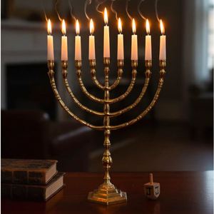 9 arm Lamp Gold <b>Brass</b> Menorah Candle Holder Handmade Metal Hanukkah <b>Lantern</b> Decorative Candle Stand for Home - Product Image 1