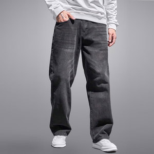 Pantalon en jean de coton délavé pour homme, coupe droite, taille élastique, décontracté, noir délavé, en toile mi-lourde, pour l'automne - Product Image 1