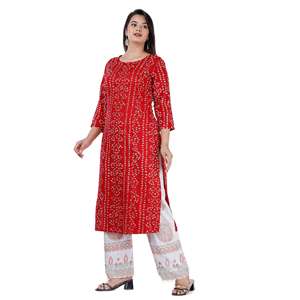 ชุดคุर्ตาผ้าฝ้ายพิมพ์ลายแบนฮานีสีแดงของ Aarti Fashion พร้อมกางเกงปาลาซโซพิมพ์ลายสีขาวสำหรับผู้หญิง เสื้อผ้าอินเดียและปากีสถาน รุ่น 10 - Product Image 3