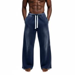 Pantalones de chándal de pierna recta holgados con efecto desgastado por el sol, de gran demanda, de algodón estampado oversize, con logotipo personalizado, azul lavado, de lona casual - Product Image 1