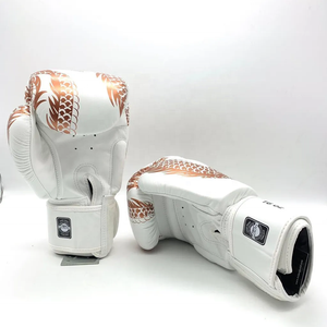 Latest Designs Custom Made Professional Muay Thai Boxing Gloves 16 Oz White Gold <b>Dragon</b> Print Leather Outdoor Lightweight - Product Image 2