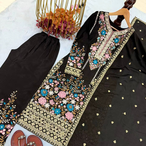 Robe de soirée pour femme en soie chinon lourde, style indien-pakistanaise, avec broderies riches, sequins de 5 mm, travail manuel de diamants, entièrement cousue - Product Image 1