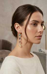 Boucles d'oreilles pendantes géométriques en laiton plaqué or avec quartz serti clos, bijoux de fête bohèmes pour femmes - Product Image 2