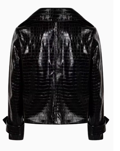 Black PU Crocodile Embossed Bomber Jacket With Zipper Closure Turn-down Collar Regular Sleeve Short Length Windproof Autumn Wear - Product Image 2