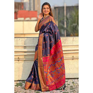 Sari de Seda Paithani Azul Marino Elite Weaves con Tejido Zari, Nath de Secado Rápido, Elástico, Protección Solar, Elegante para la Noche - Product Image 3