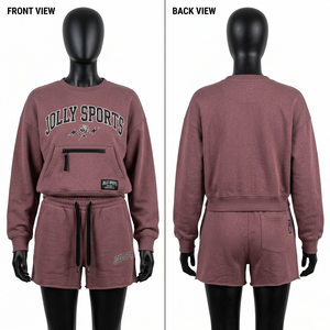 ชุดเซ็ตเสื้อสเวตเชิ้ตและกางเกงขาสั้นผ้าฝ้ายฟลีซคุณภาพพรีเมียม 320 GSM สีโรสบราวน์ สัมผัสนุ่ม พร้อมโลโก้ สำหรับผู้หญิง - Product Image 6