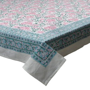 Mohini Green Open Christmas <b>Tablecloth</b> 180x270cm Handcrafted Block Printed 100% Cotton Holiday Dining Table Decor Style - Product Image 1