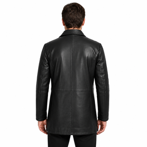 Veste en cuir véritable noire pour homme de qualité supérieure, mi-longue, style business décontracté, trench-coat, coupe-vent d'hiver, coupe ajustée, vêtement d'extérieur en cuir - Product Image 2