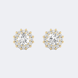 Boucles d'oreilles clous plaquées or 1,50 carat avec halo rond et grappe de fleurs, cadeau d'anniversaire de mariage - Product Image 4