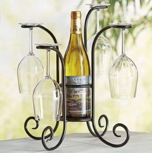 Porte-bouteille à vin métallique incliné pour une bouteille, avec motif feuille de vigne et support supérieur pour verre, disponible à prix de gros. - Product Image 3