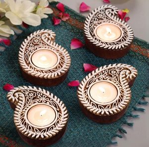 White Brown <b>Wooden</b> Floral Printing <b>Block</b> Decorative Tea Light Candle Holders, Diya Stands | Tea Light Holders | Christmas Diwali - Product Image 2
