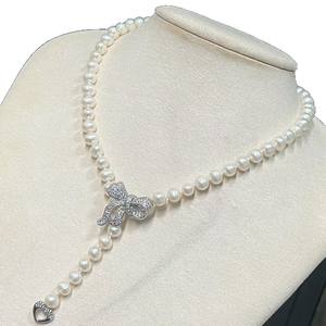 Collar de Perlas de Agua Dulce de Alta Calidad de 50 cm de Largo, con Hebilla en Forma de Corazón y Lazo, 7-8 mm, Colgante de Moda con Luz Intensa - Product Image 5