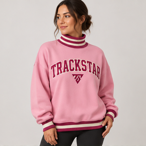 Women's Light <b>Pink</b> Mock Neck <b>Sweatshirt</b> with White Striped Trim Varsity Letters Long Sleeve Custom Logo - Product Image 1