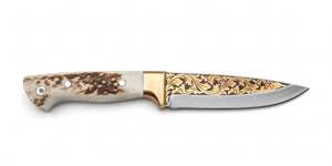 Outil utilitaire artisanal en filigrane d'or gravé avec manche en bois de cerf naturel - Product Image 4