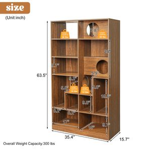 Moderna estantería 2 en 1 de madera marrón con casa para gatos, vitrina y caja de arena con estante para trepar - Product Image 5