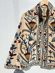 Velvet Suzani Embroidered Cotton Jacket Handmade <b>Stand</b> Collar Boho Winter Kimono Artisan Ethnic Outerwear - Product Image 2