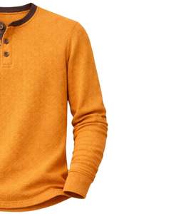 Men Waffle Henley Long Sleeve Thermal TShirt Mustard <b>Yellow</b> Casual Button Neck Winter Wear Top Cotton Slim Fit Breathable Fabric - Product Image 4