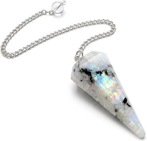 Péndulo de Cristal de Piedra Lunar Arcoíris Natural para Equilibrio de Chakras y Feng Shui, con Cadena Plateada y Gema Facetada para Radiestesia - Product Image 1