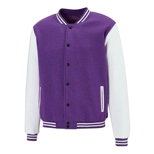 <b>Men's</b> Purple Varsity <b>Jacket</b> With <b>White</b> Sleeves And Striped Trim Casual Woolen Style Autumn Wear - Product Image 1