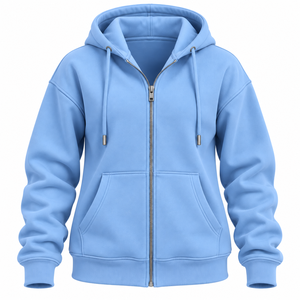 Premium Quality Zipper Hoodie Light Blue Zip Up Hoodie Women Fleece <b>Hooded</b> <b>Sweatshirt</b> Drawstring Kangaroo Pocket Drop Shoulder - Product Image 1