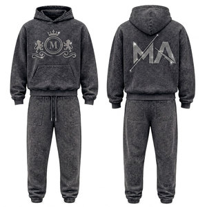 new 2026 Unisex Acid Washed Cotton Tracksuit Rhinestone Logo <b>Hoodie</b> Full Length Drawstring Pants Casual Wear Autumn Style - Product Image 1