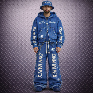 Proveedor de ropa de moda: Conjunto de sudadera con capucha y pantalones de chándal para hombre, con pedrería, oversize, corto, con lavado ácido, con cremallera y efecto desgastado - Product Image 1