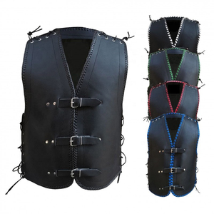 Gilet en cuir noir à col en V pour homme grande taille, qualité export premium, avec fermeture à boucle en toile brodée, vêtement d'extérieur - Product Image 5