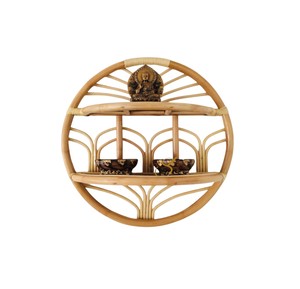 Aesthetic Round Rattan <b>wall</b>-<b>mounted</b> <b>shelf</b> Circle Bamboo 2-Tier Floating Rack Home Zen Spiritual Candle Buddha Storage <b>Wall</b> <b>Shelf</b> - Product Image 3
