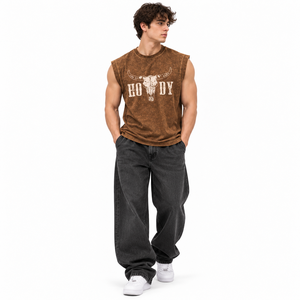 Men's Brown Acid Wash Sleeveless Graphic <b>T</b>-<b>Shirt</b> Longhorn <b>Skull</b> Print Oversized Western Streetwear Muscle Tank Top - Product Image 1