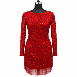 Minivestido Rojo Radiante con Adornos, Cuello Barco y Mangas Largas |   Vestido de Fiesta Ajustado con Lentejuelas, Cuentas, Flecos Florales y Dobladillo con Volantes - Product Image 1