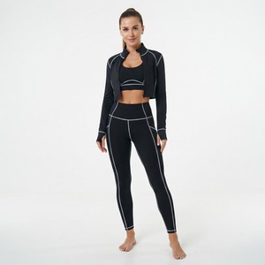 Conjunto Deportivo de Compresión de 3 Piezas para Mujer, Personalizado OEM, Chaqueta Corta para Yoga y Fitness, Sujetador Deportivo Transpirable, Leggings para Correr - Product Image 3