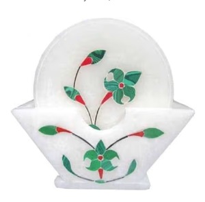 Export Quality 6 Piece <b>White</b> Marbal <b>Coaster</b> Set Stone <b>White</b> & Green - Product Image 1