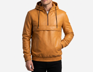 Chaqueta de cuero genuino de primera calidad para hombre, estilo casual de motero, con capucha y media cremallera, a prueba de viento, color tostado, personalizable, moda de invierno, venta al por mayor - Product Image 1