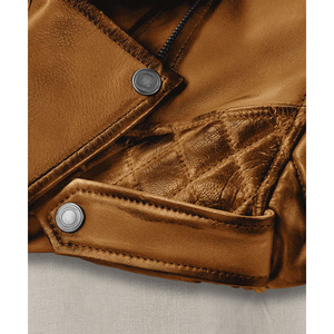 Men's <b>Brown</b> Genuine <b>Leather</b> Moto <b>Jacket</b> Zipper Closure Mandarin Collar Breathable Embossed Details Slim Fit Regular Length - Product Image 4