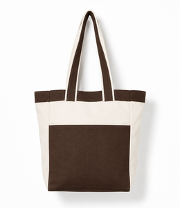 Eco-Friendly Woven Canvas <b>Tote</b> <b>Bag</b> Large Size Brown & White Panelled Shoulder Handle Reusable <b>Zipper</b> Closure Daily & Travel Use - Product Image 1