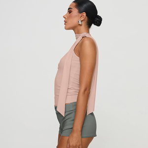 Women's Pink Halter <b>Neck</b> Ruched Tank Top Solid Knitted Sleeveless Casual Breathable Spandex Cotton Short Length Fixed <b>Pad</b> Top - Product Image 3