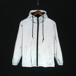 Unisex Thin Silver Solid Reflective 100% Polyester <b>Jacket</b> Hooded Full Reflective Windproof Zipper Coat for Night <b>Cycling</b> Running - Product Image 4
