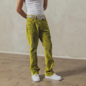 Ensemble veste en jean et pantalon évasé unisexe vert vintage avec logo personnalisé, rivets et flocage, écologique et respirant, style streetwear - Product Image 5