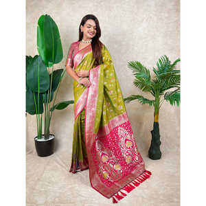 Écharpe en soie tissée Banarasi Jaal Zari vert Mehendi, sari ethnique indien de qualité supérieure - Product Image 2