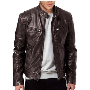 Veste en cuir noire pour homme, col montant, fermeture éclair, style motard, couleur unie, manches classiques, pour l'automne - Product Image 3