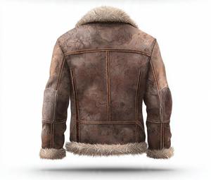 Blouson aviateur en cuir véritable pour homme avec doublure en fausse fourrure coupe-vent style moto fermeture éclair - Product Image 6