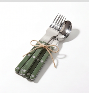 Ensemble de couverts minimalistes en acier inoxydable avec manche vert, 5 pièces, passe au lave-vaisselle, couverts de camping, cuillère, couteau, fourchette - Product Image 2