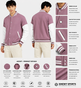 Veste de sport SINEWY pour homme, veste varsity, contraste violet et blanc, boutons pression, polaire, décontractée, pour l'automne - Product Image 1