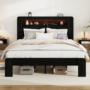 Letto Matrimoniale in Legno con Testiera Illuminata a LED e 2 Porte USB, Silenzioso, Senza Necessità di Rete a Doghe, con Vano Contenitore Integrato - Product Image 1
