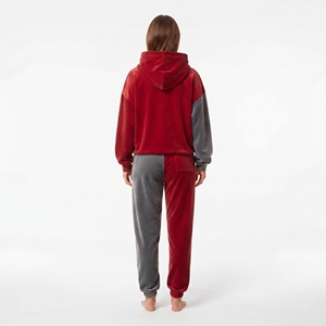 Conjunto de dos piezas de terciopelo con bloques de color para mujer: Sudadera con capucha de manga larga oversize y hombros caídos, y pantalón jogger. - Product Image 4