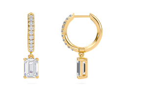 Boucles d'oreilles créoles en or jaune pour femme avec pendentif taille émeraude et pierres latérales pavées, bijoux de mariage classiques - Product Image 4