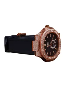 Montre de luxe pour homme en or rose, bracelet simple, cadran personnalisé en moissanite, mouvement mécanique, entièrement pavée - Product Image 3