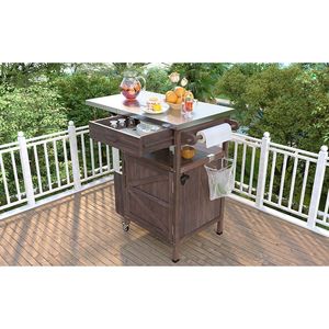Mobiletto da Esterno in Legno Massello da 40,5 Pollici con Piano in Acciaio Inossidabile, Anta a Ribalta, Un Cassetto, Portasciugamani e Carrello per Barbecue - Product Image 5