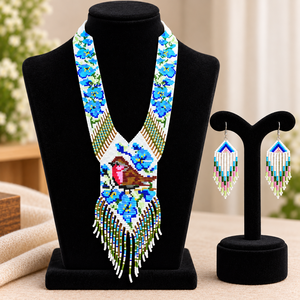 Ensemble collier et boucles d'oreilles pour femmes, plaqué or, avec perles, motif floral et oiseaux ethniques, bijoux élégants pour mariage et fête - Product Image 2
