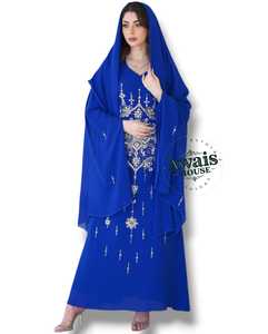 ชุดเดรสยาวสีน้ำเงินรอยัลสำหรับผู้หญิง ผ้าชีฟองโพลีเอสเตอร์ปักลายประณีต ตกแต่งด้วยลูกปัด คอวี แขนยาว ทรงเอไลน์  แบบเรียบร้อย - Product Image 2
